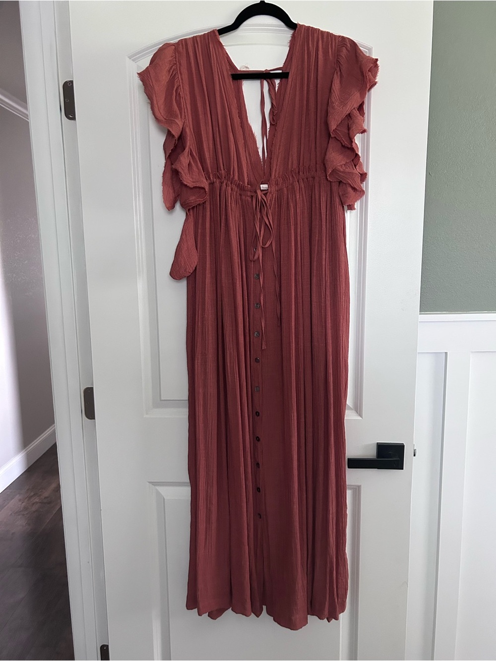 Ruffle-Sleeve Button Maxi Dress Terracotta